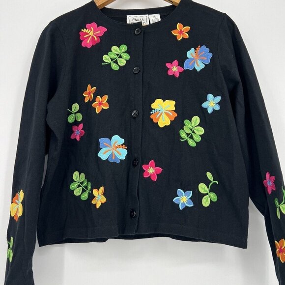 Emma Tricot Cardigan Embroidered Tropical Flowers Black Women’s Size Medium - Picture 2 of 8